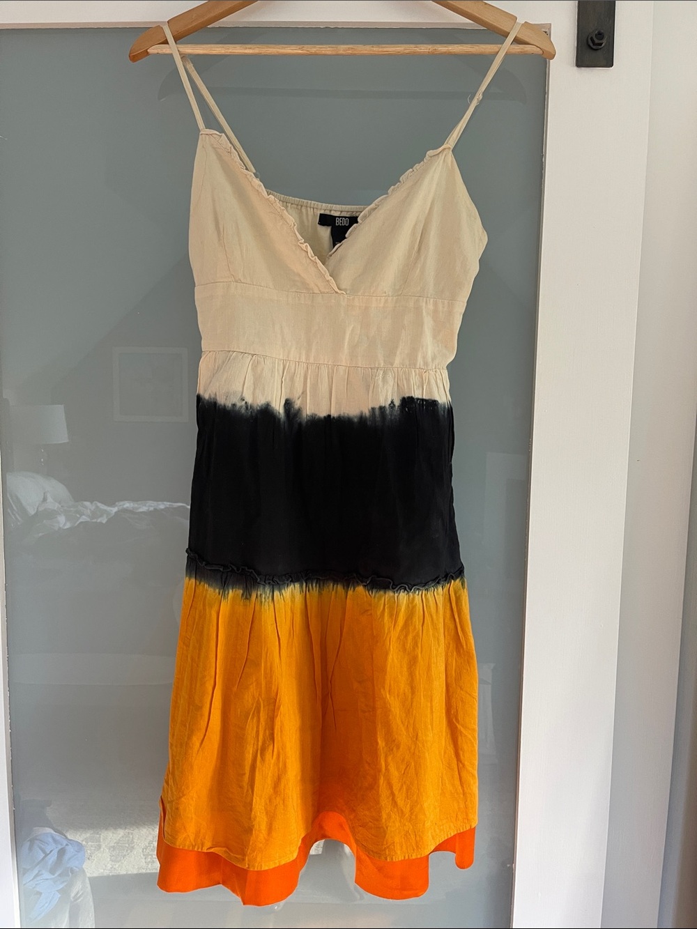 Tiered Tie-Dye Spaghetti Strap Midi Dress in Cream, Black & Orange